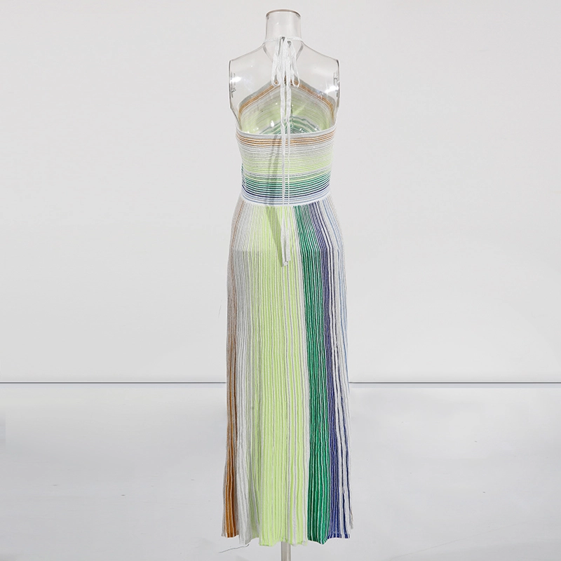 striped backless maxi dress Striped Maxi Dress Elegant Backless Halter Neck