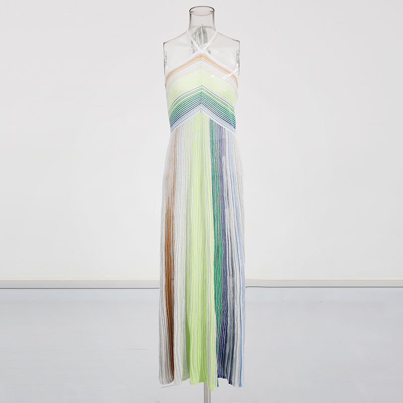 TWOTWINSTYLE Striped Backless Maxi Dress