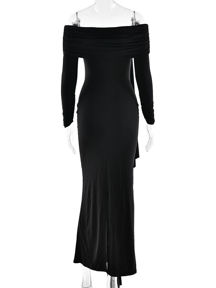 TWOTWINSTYLE Off Shoulder Solid Ruched Long Dress