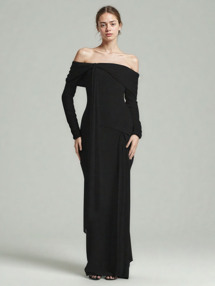 TWOTWINSTYLE Off Shoulder Solid Ruched Long Dress
