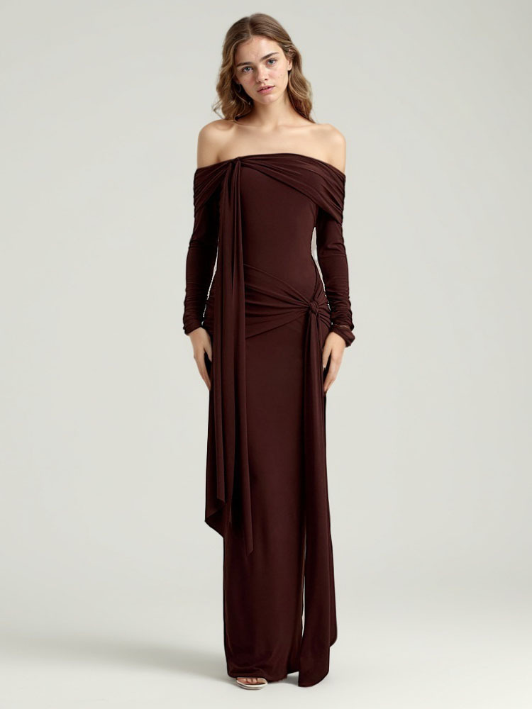 TWOTWINSTYLE Off Shoulder Solid Ruched Long Dress