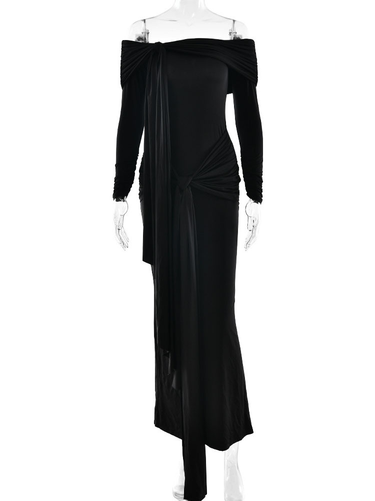TWOTWINSTYLE Off Shoulder Solid Ruched Long Dress
