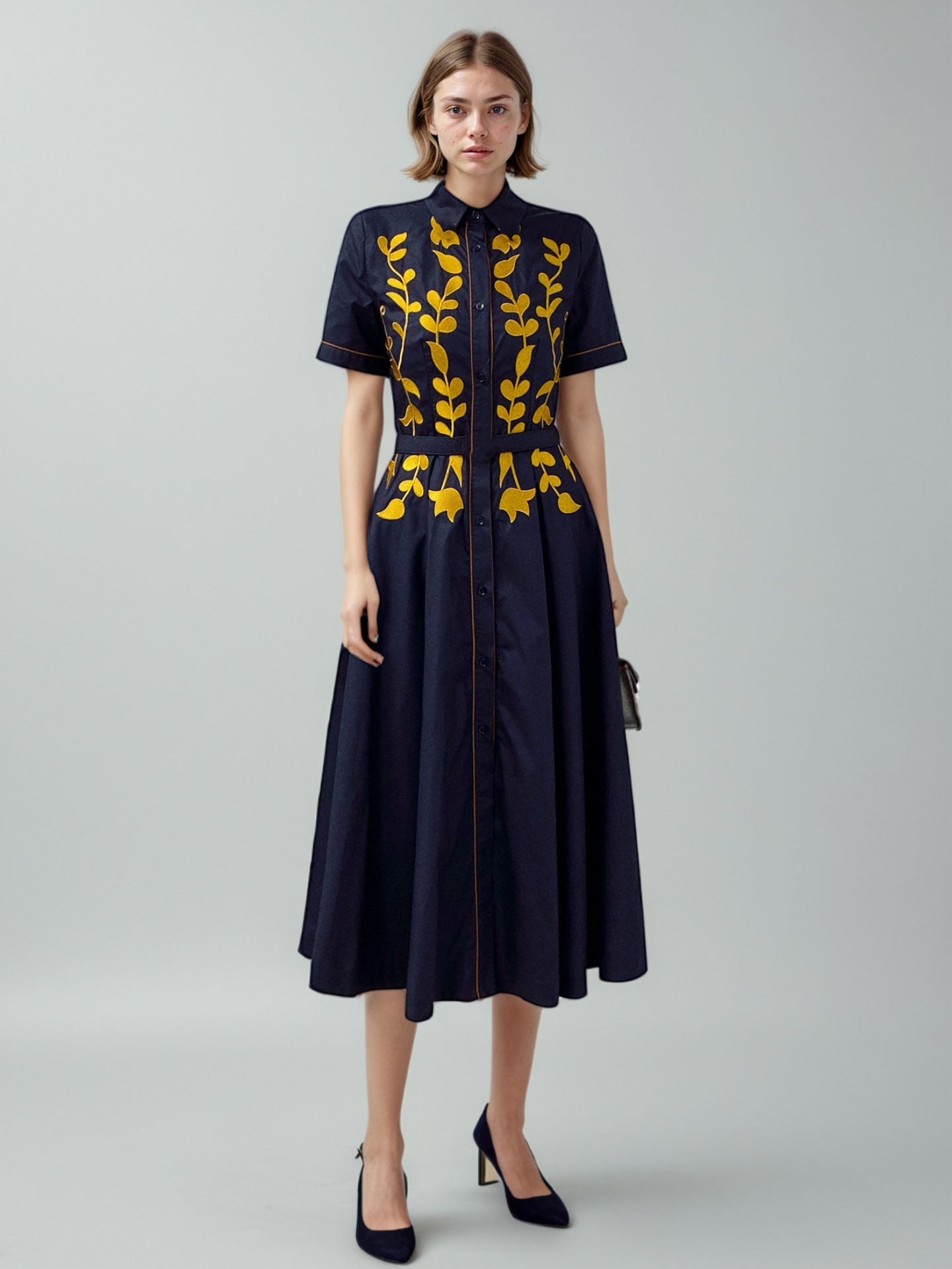Teotwin Style TWOTWINSTYLE Elegant Embroidery Hit Color Midi Dress