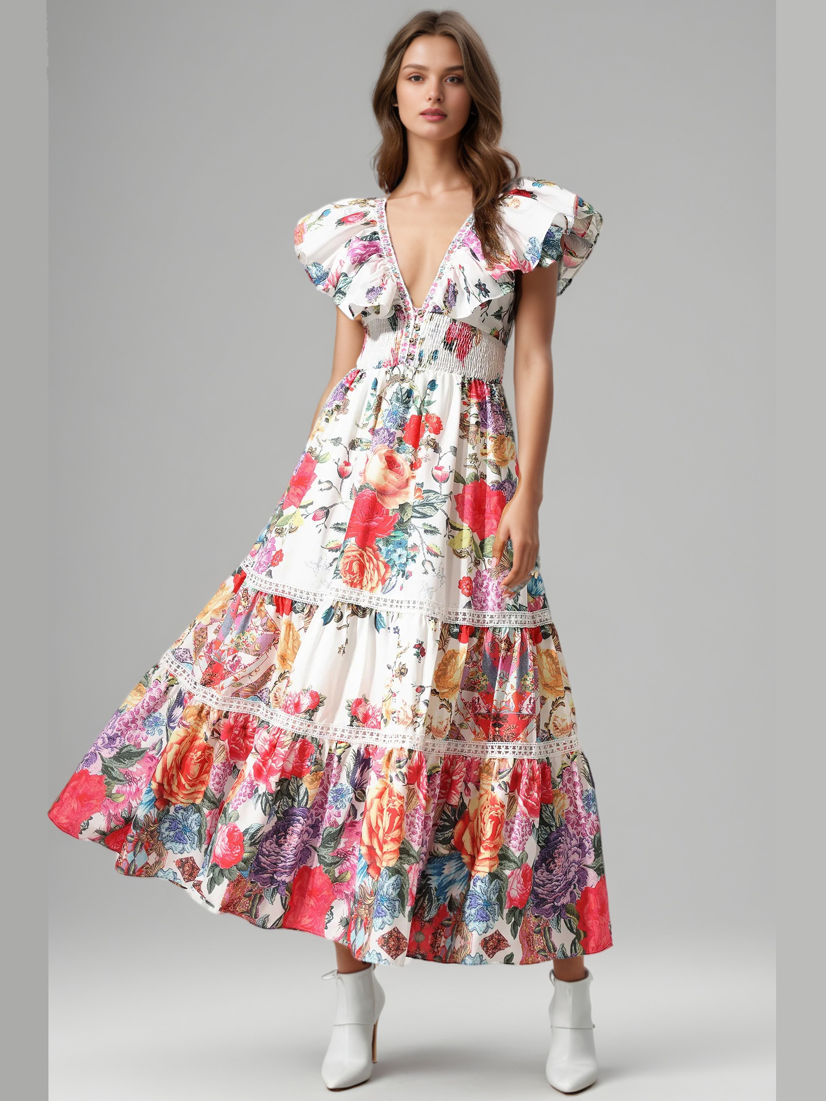 TWOTWINSTYLE Elegant V-neck Print Ruched Long Dress