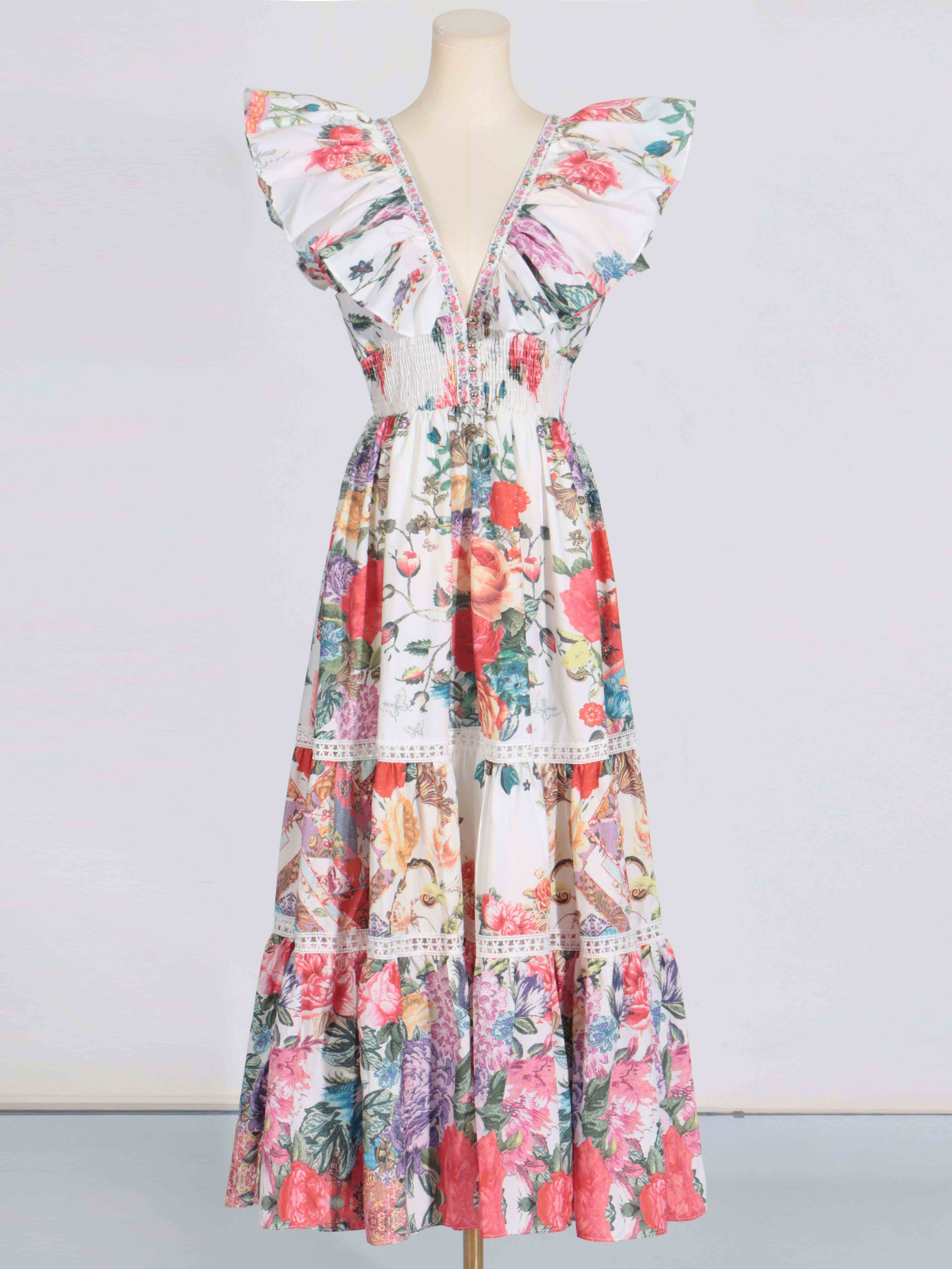 TWOTWINSTYLE Elegant V-neck Print Ruched Long Dress