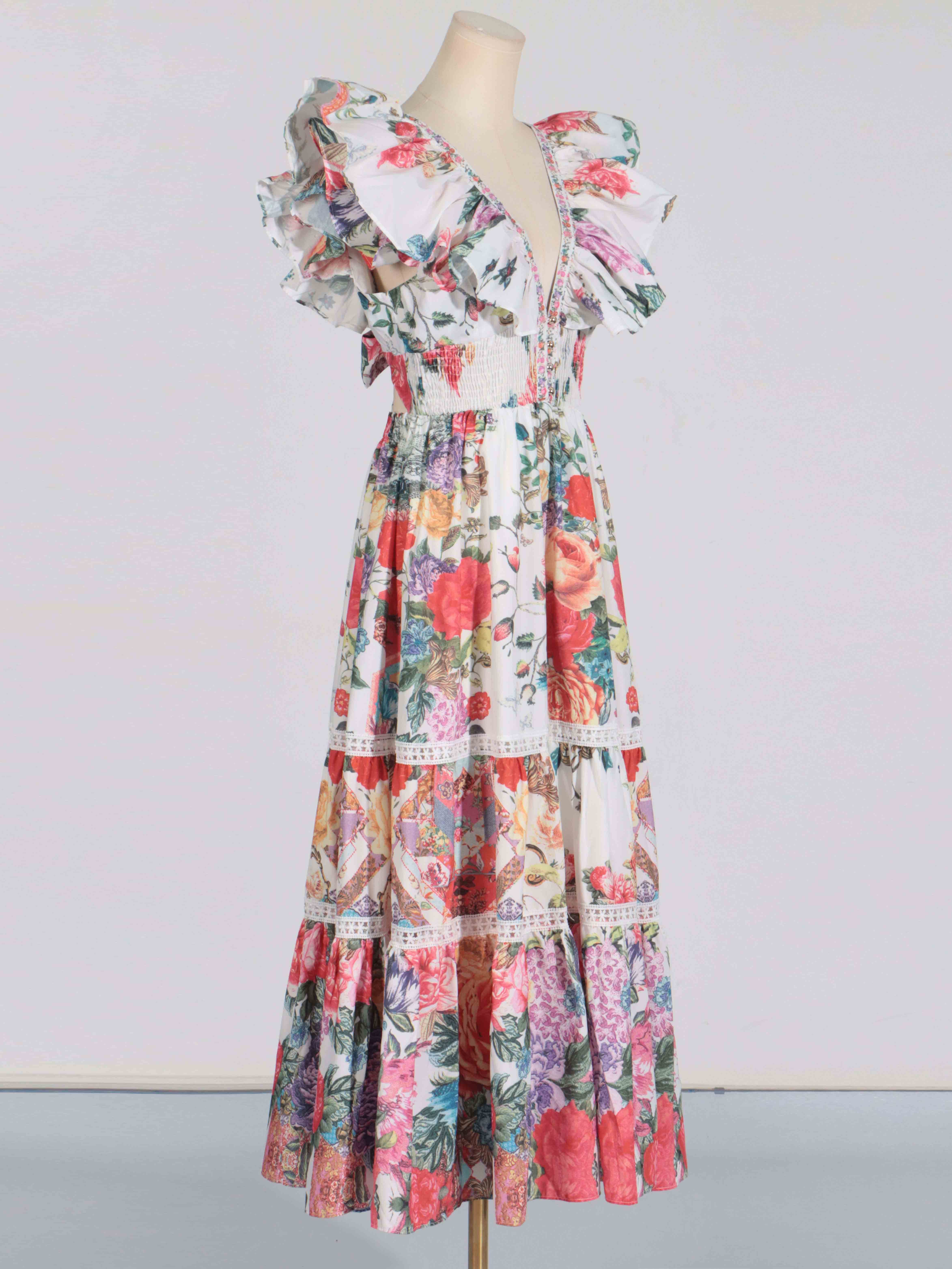 TWOTWINSTYLE Elegant V-neck Print Ruched Long Dress