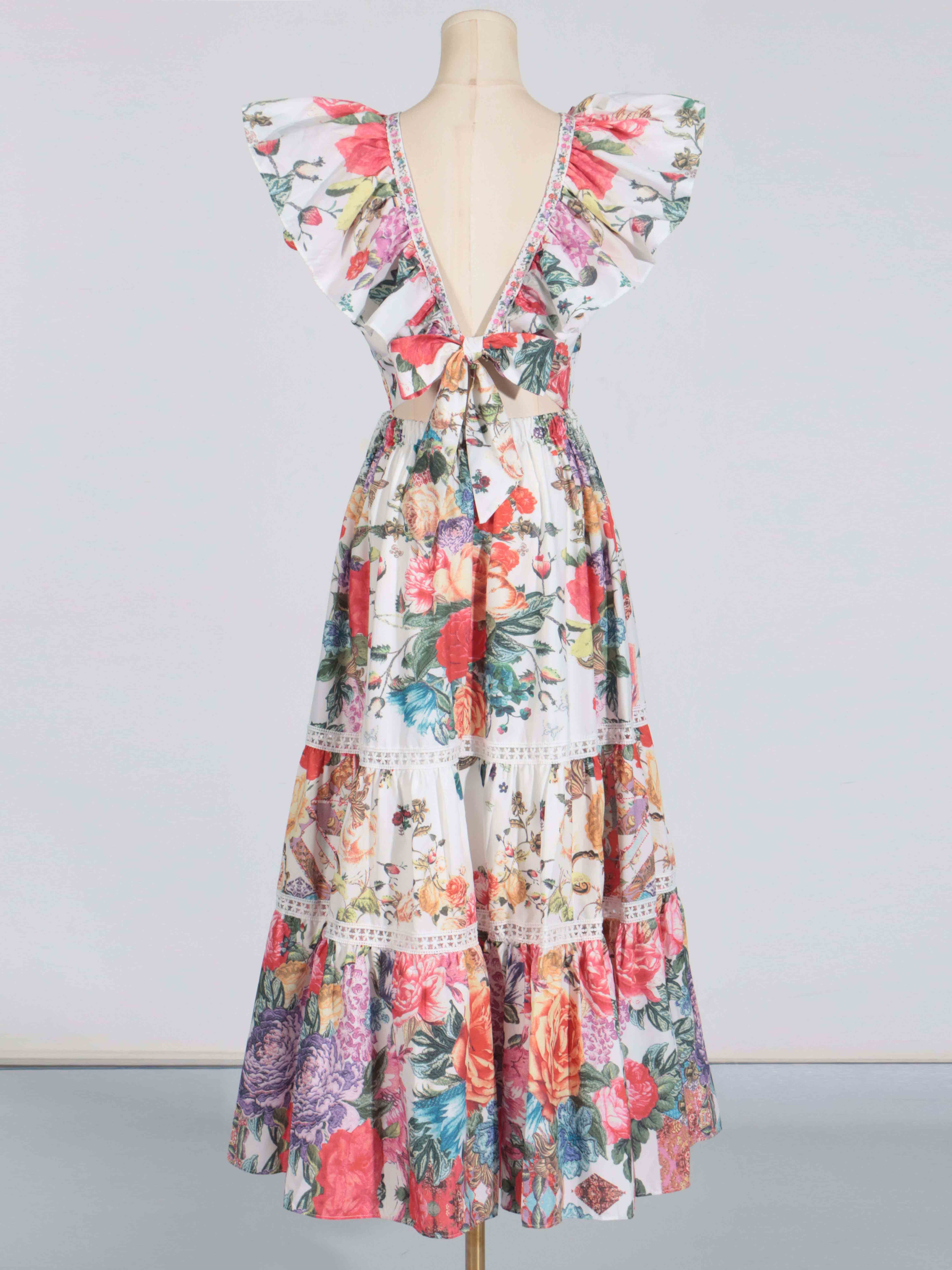 TWOTWINSTYLE Elegant V-neck Print Ruched Long Dress
