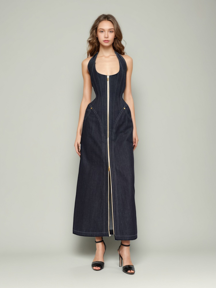 TWOTWINSTYLE Square Collar Sleeveless Denim Long Dress