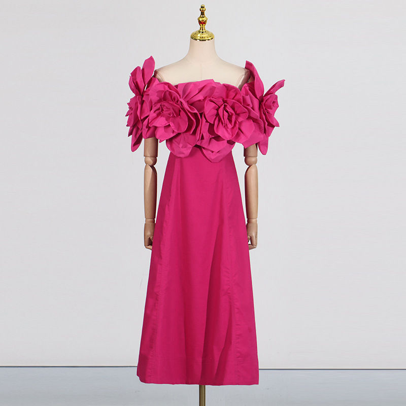 TWOTWINSTYLE Three Dimensional Flower One Shoulder Waist Maxi Dress