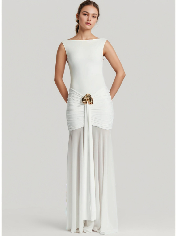 TWOTWINSTYLE Ruched Sleeveless Backless Long Dress