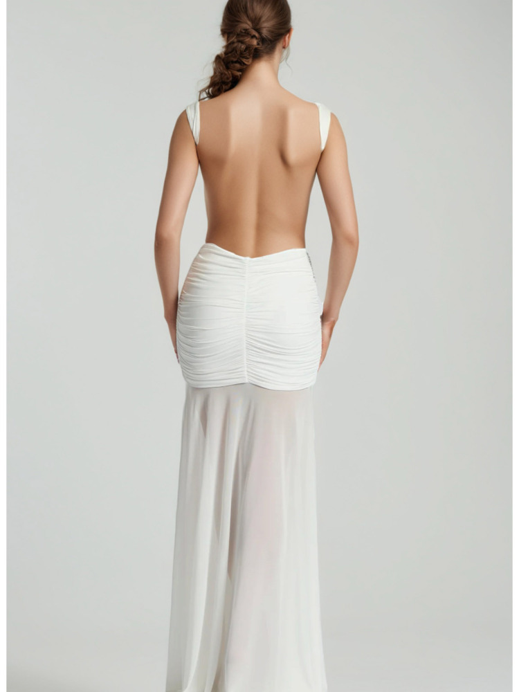 TWOTWINSTYLE Ruched Sleeveless Backless Long Dress