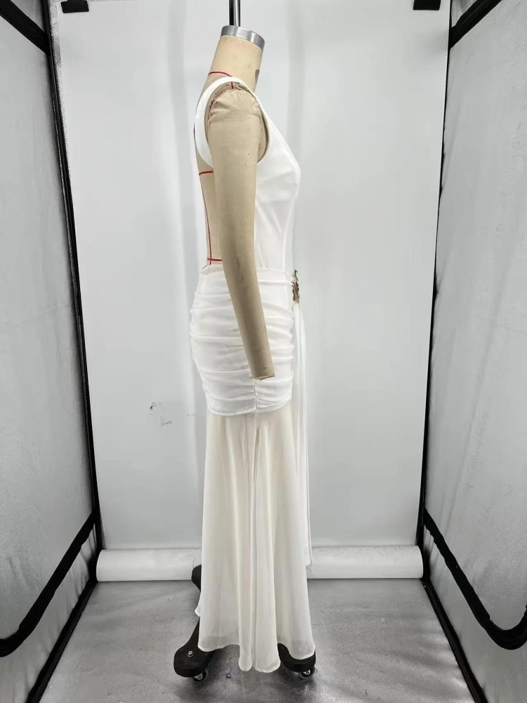 TWOTWINSTYLE Ruched Sleeveless Backless Long Dress