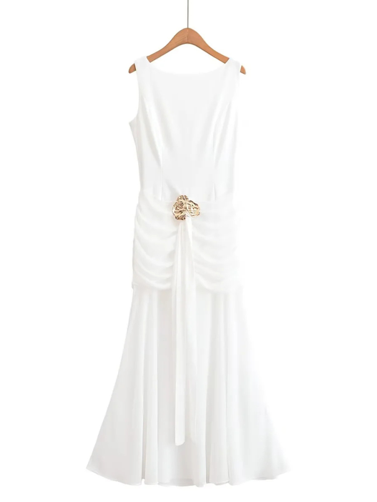 TWOTWINSTYLE Ruched Sleeveless Backless Long Dress