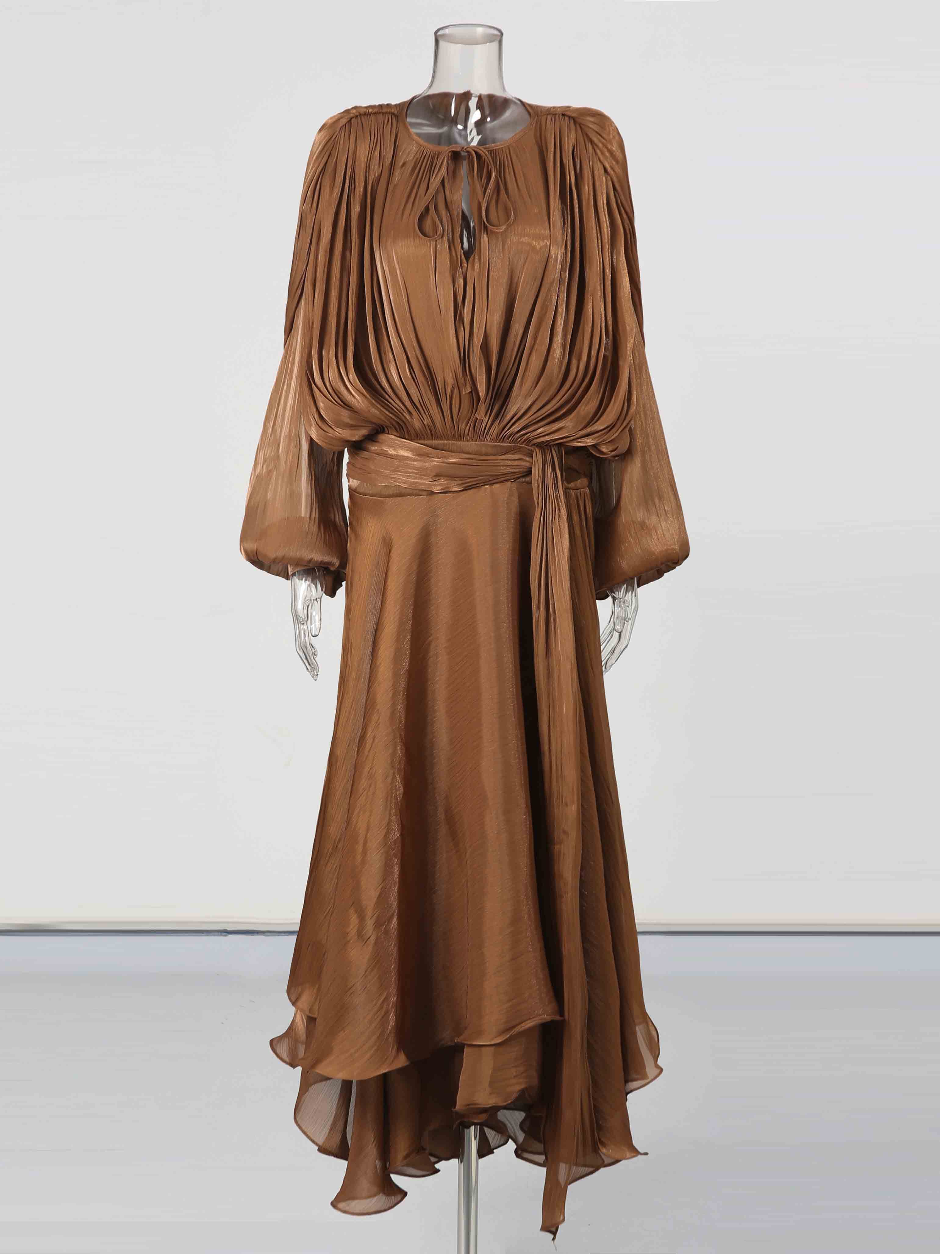TWOTWINSTYLE Long Sleeve Lace Up Ribon Maxi Dress