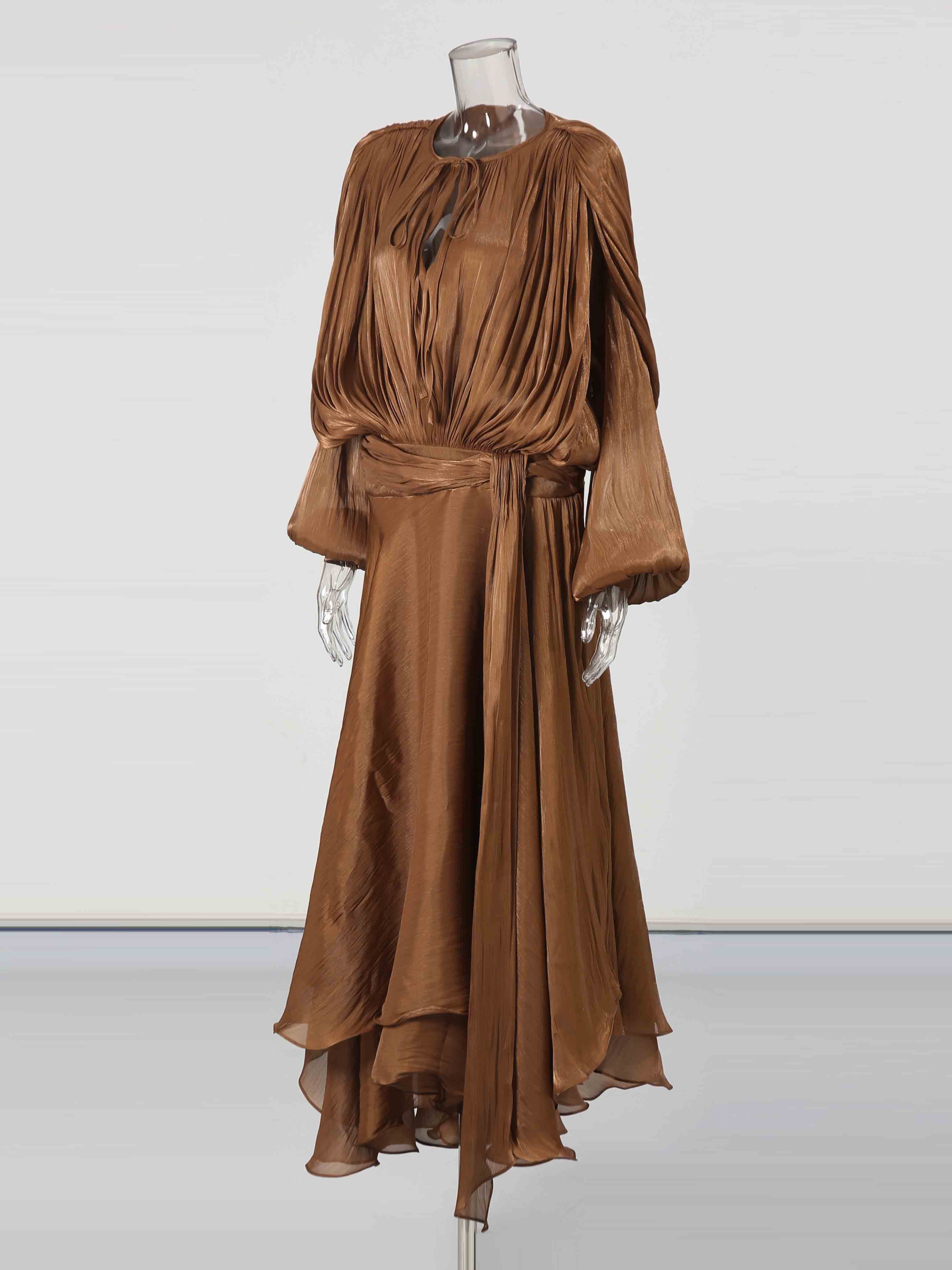 TWOTWINSTYLE Long Sleeve Lace Up Ribon Maxi Dress
