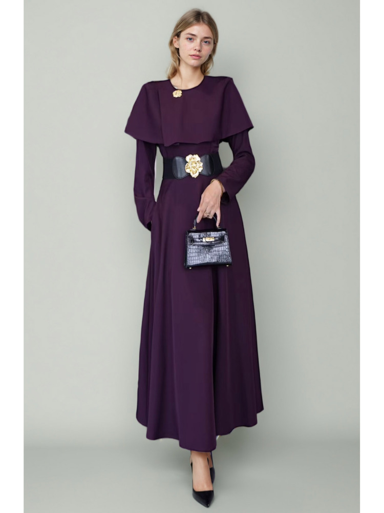 TWOTWINSTYLE Round Neck Solid Patchwork Belt Long Dress