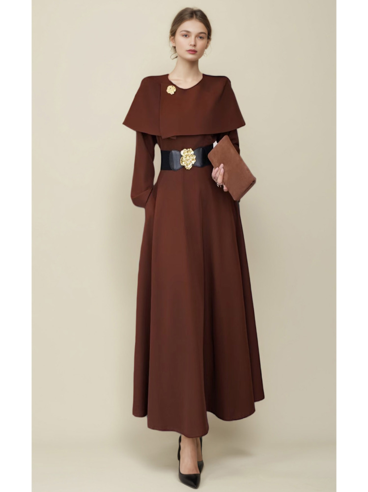 TWOTWINSTYLE Round Neck Solid Patchwork Belt Long Dress