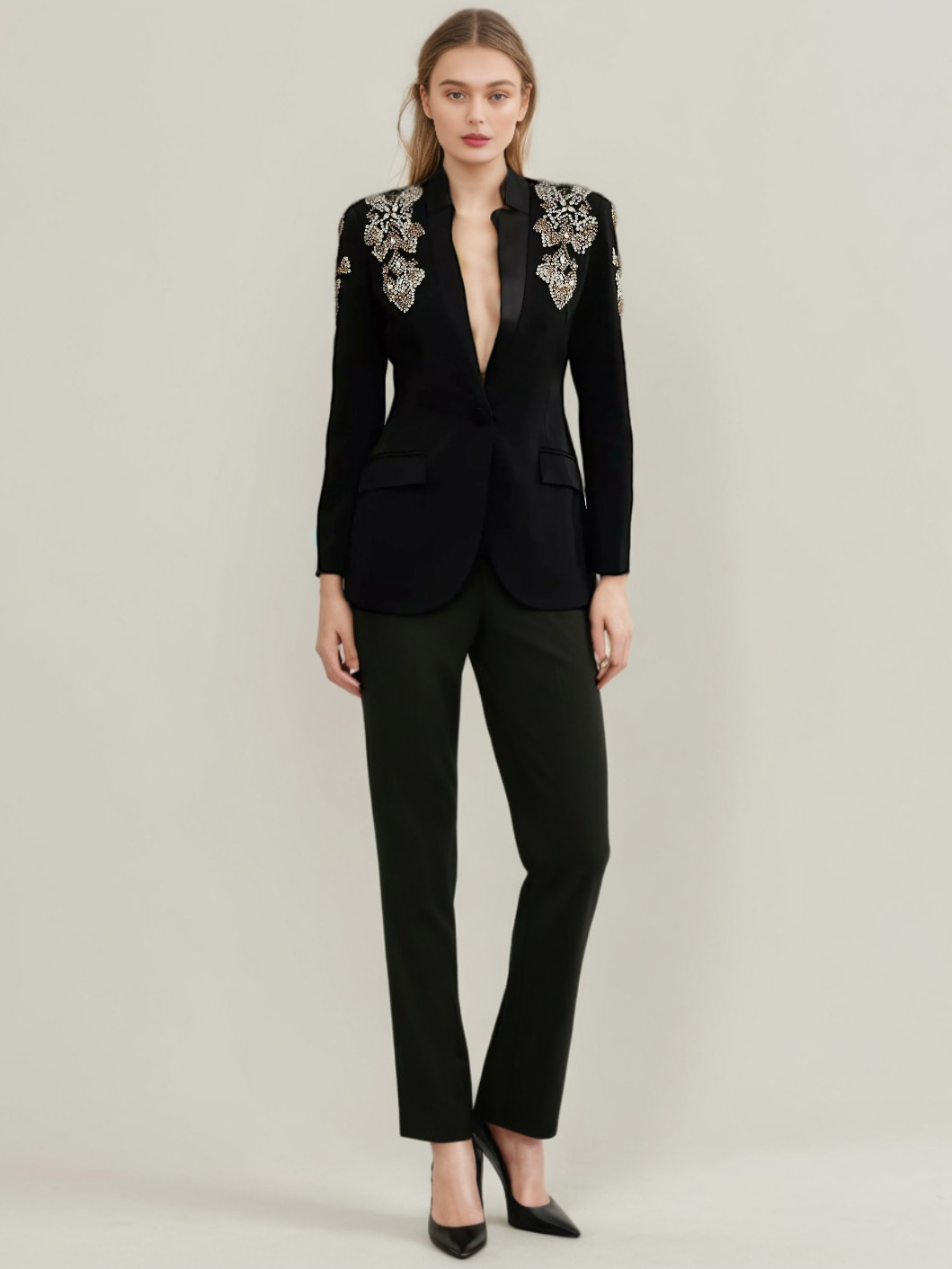 TWOTWINSTYLE Solid Deep V-neck Patchwork Diamonds Jacket