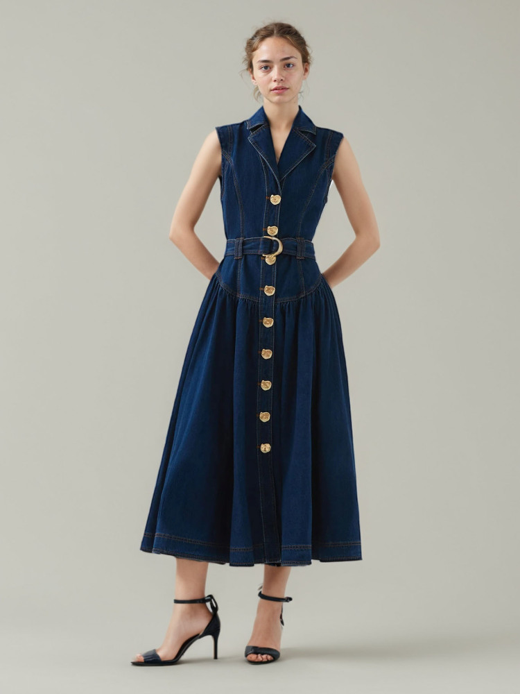 TWOTWINSTYLE Denim Lapel Sleeveless Patchwork Belt Long Dress