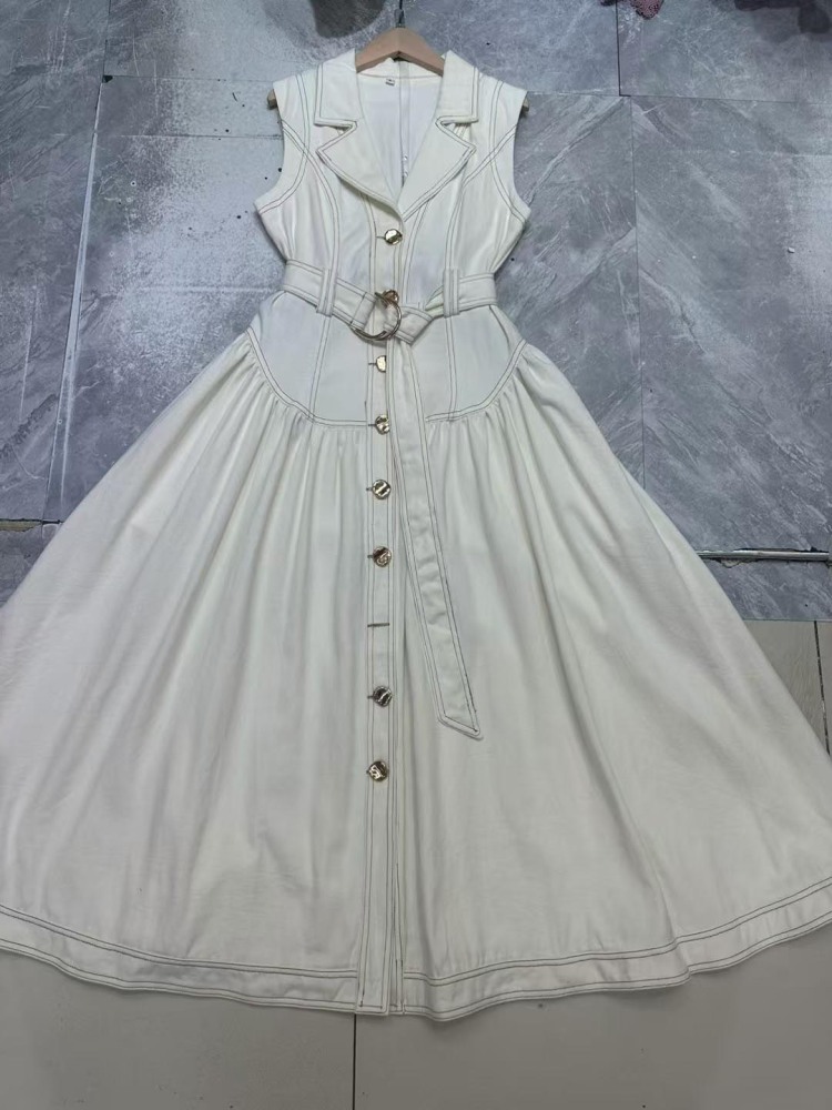 TWOTWINSTYLE Denim Lapel Sleeveless Patchwork Belt Long Dress