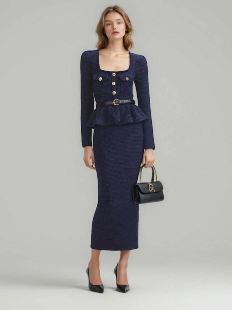 TWOTWINSTYLE Elegant Solid Square Collar Two Piece Set