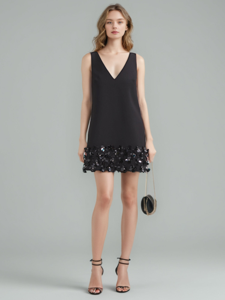 TWOTWINSTYLE Solid Patchwork Sequins V-neck Backless Short Dress