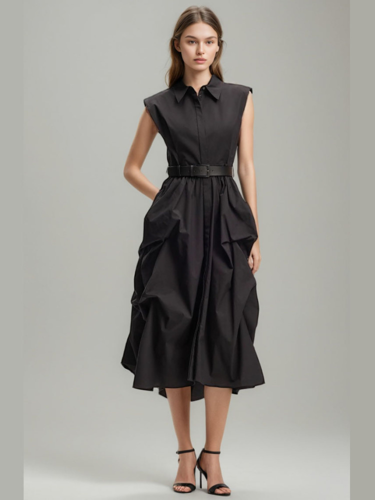 TWOTWINSTYLE Solid Sleeveless Patchwork Belt Long Dress