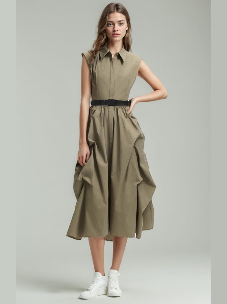 TWOTWINSTYLE Solid Sleeveless Patchwork Belt Long Dress