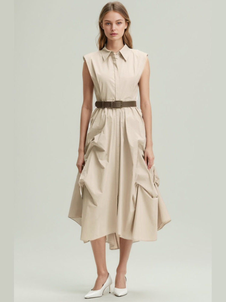 TWOTWINSTYLE Solid Sleeveless Patchwork Belt Long Dress