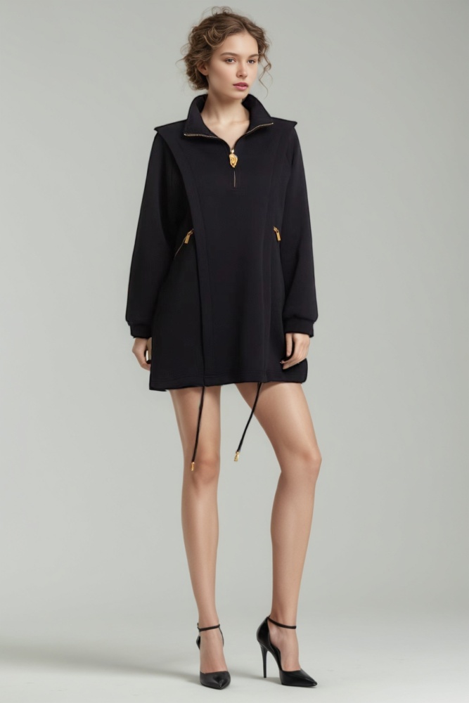TWOTWINSTYLE Solid Casual Stand Collar Long Sleeve Hoodie