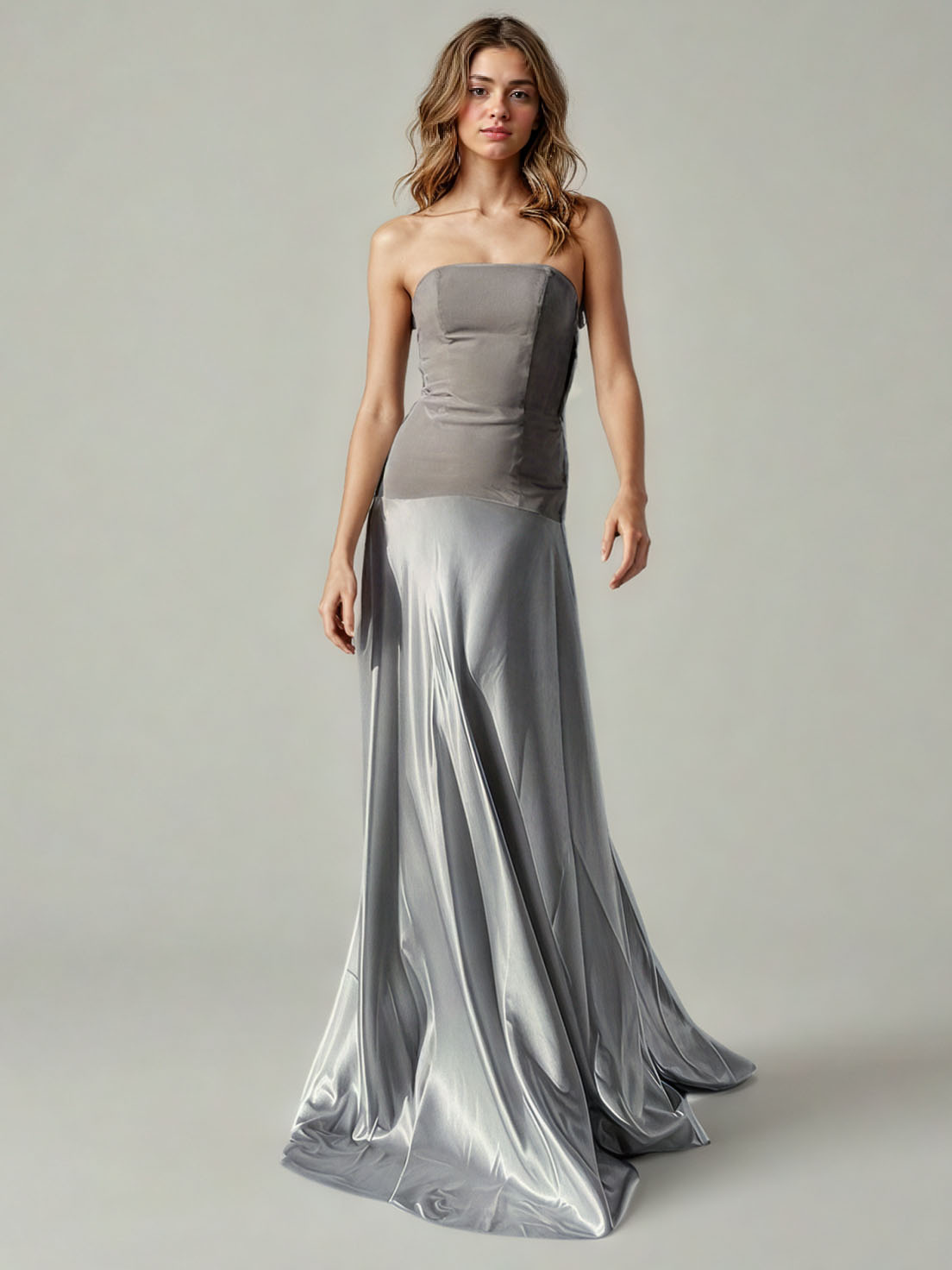 Teotwin Style TWOTWINSTYLE Off Shoulder Satin Color Blocked Formal Long Dress