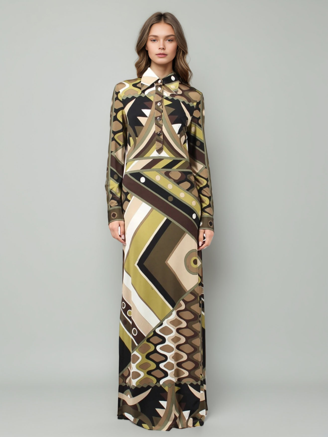 TWOTWINSTYLE Print Lapel Long Sleeve Chic Long Dress