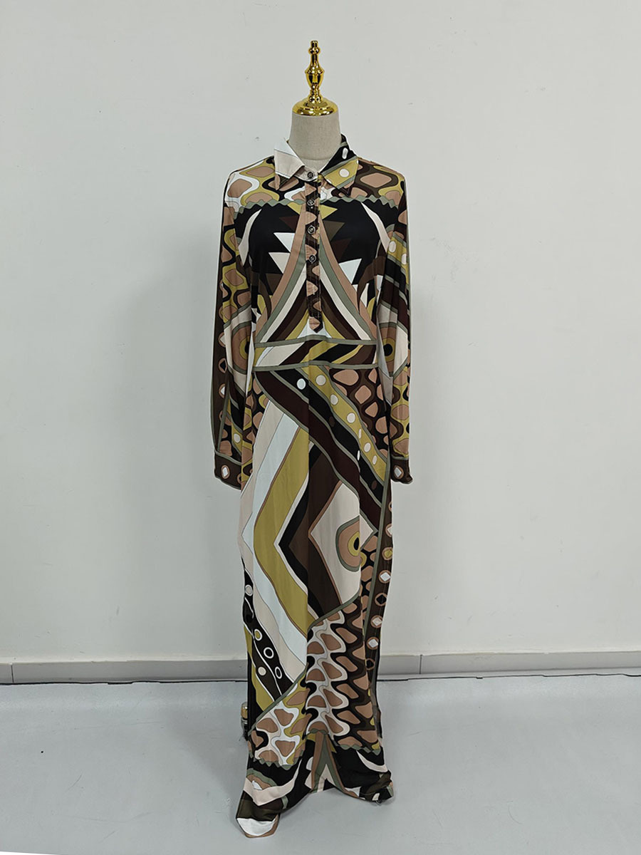 TWOTWINSTYLE Print Lapel Long Sleeve Chic Long Dress