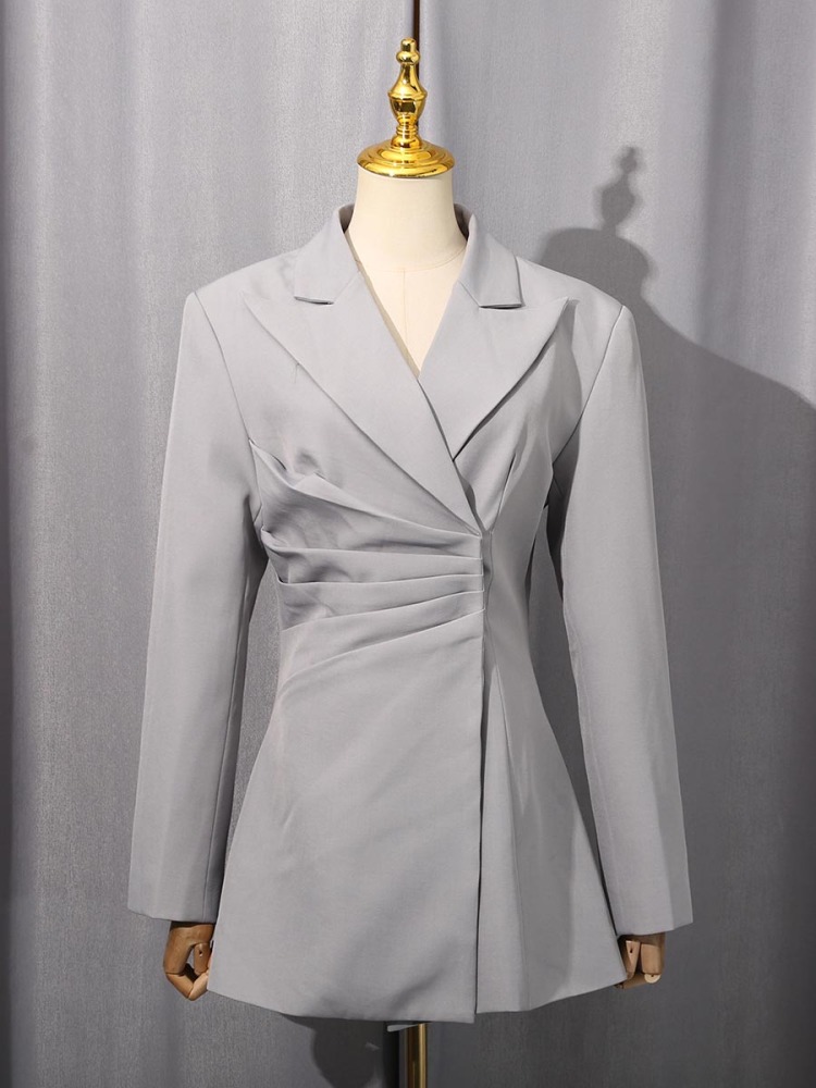 TWOTWINSTYLE Solid Ruched Lapel Casual Jacket