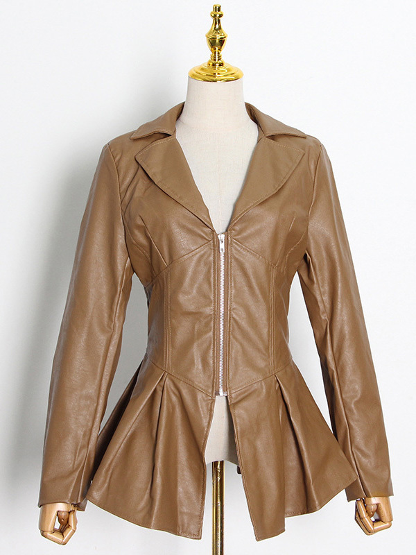 TWOTWINSTYLE PU Leather Solid V-neck Lapel Chic Jacket