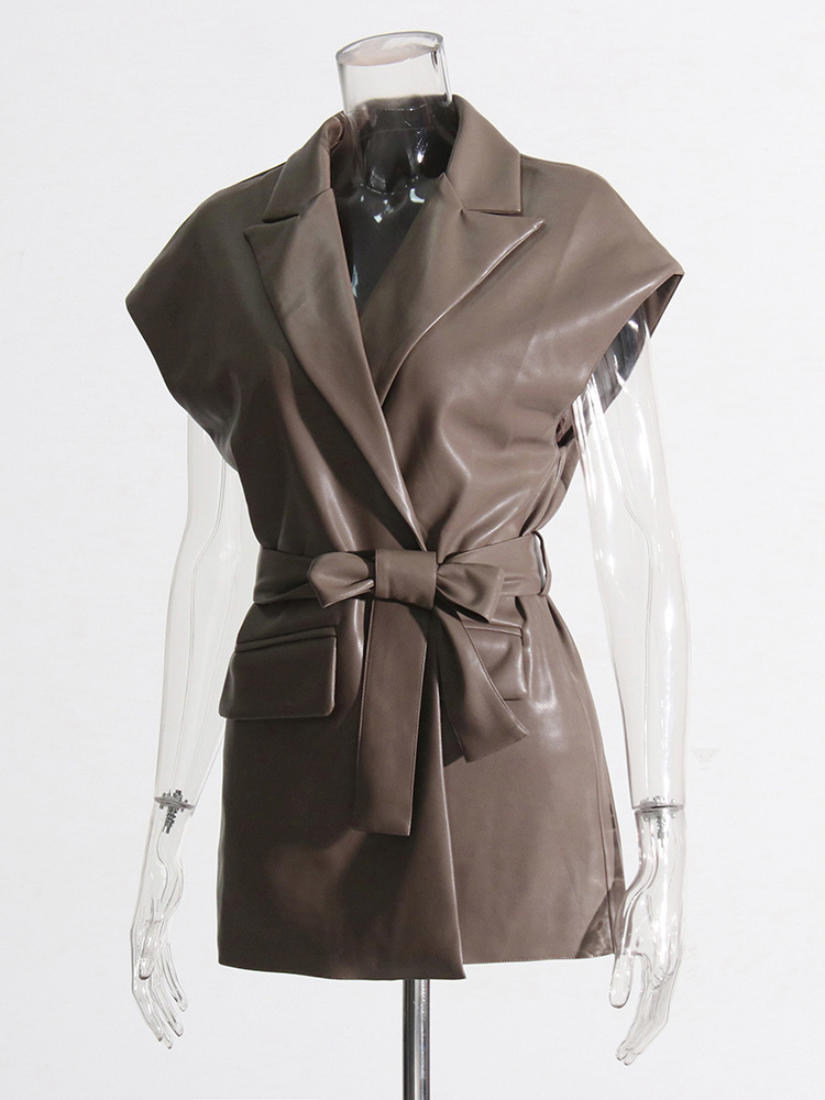 TWOTWINSTYLE Solid PU Leather Lapel Vest Jacket