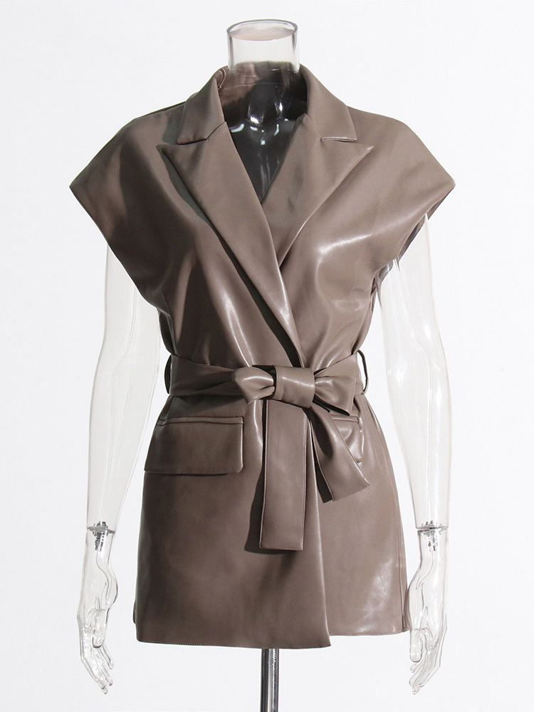 TWOTWINSTYLE Solid PU Leather Lapel Vest Jacket