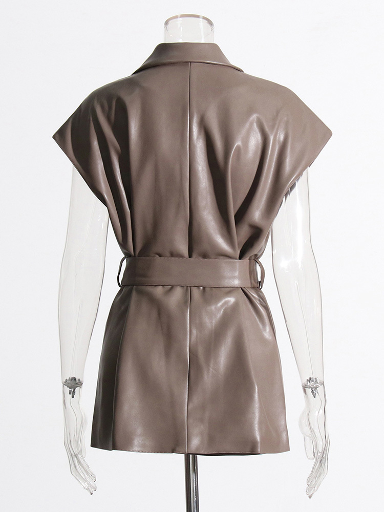 TWOTWINSTYLE Solid PU Leather Lapel Vest Jacket