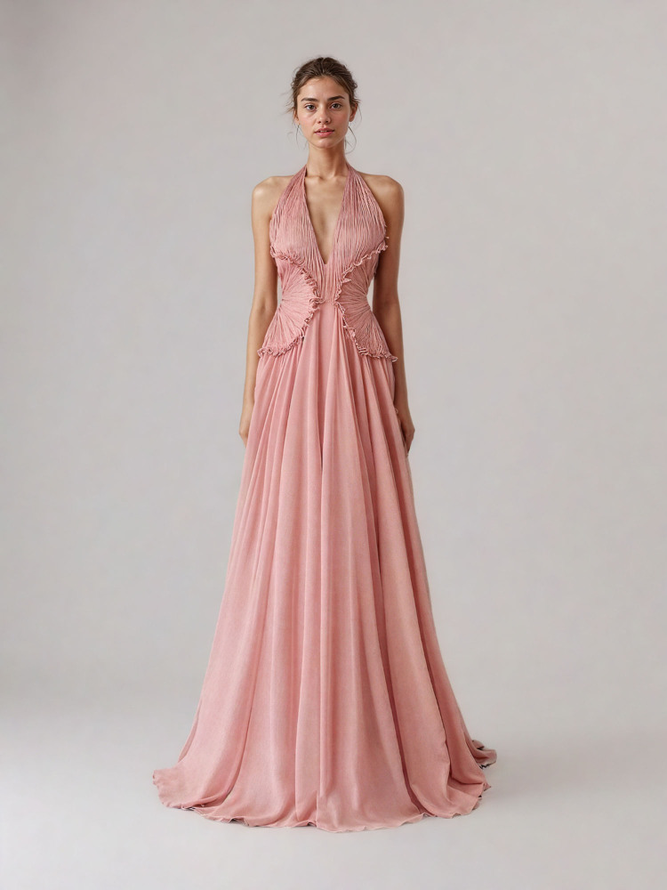 TWOTWINSTYLE Solid V-neck Sleeveless Ruched Hanging Neck Long Dress