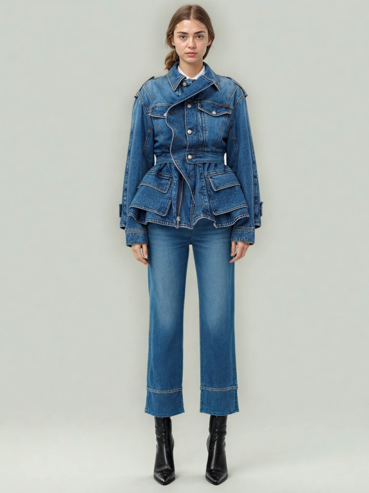 TWOTWINSTYLE Denim Chic Solid Lapel Jacket