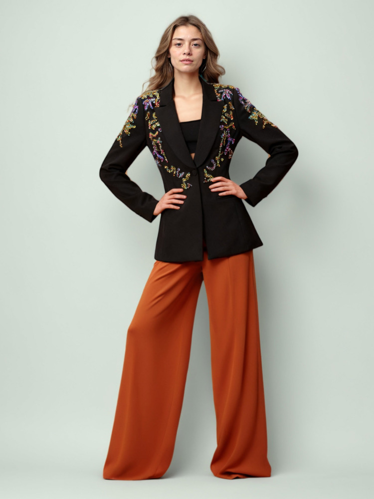 TWOTWINSTYLE Patchwork Colorful Diamonds Lapel Deep V-neck Jacket