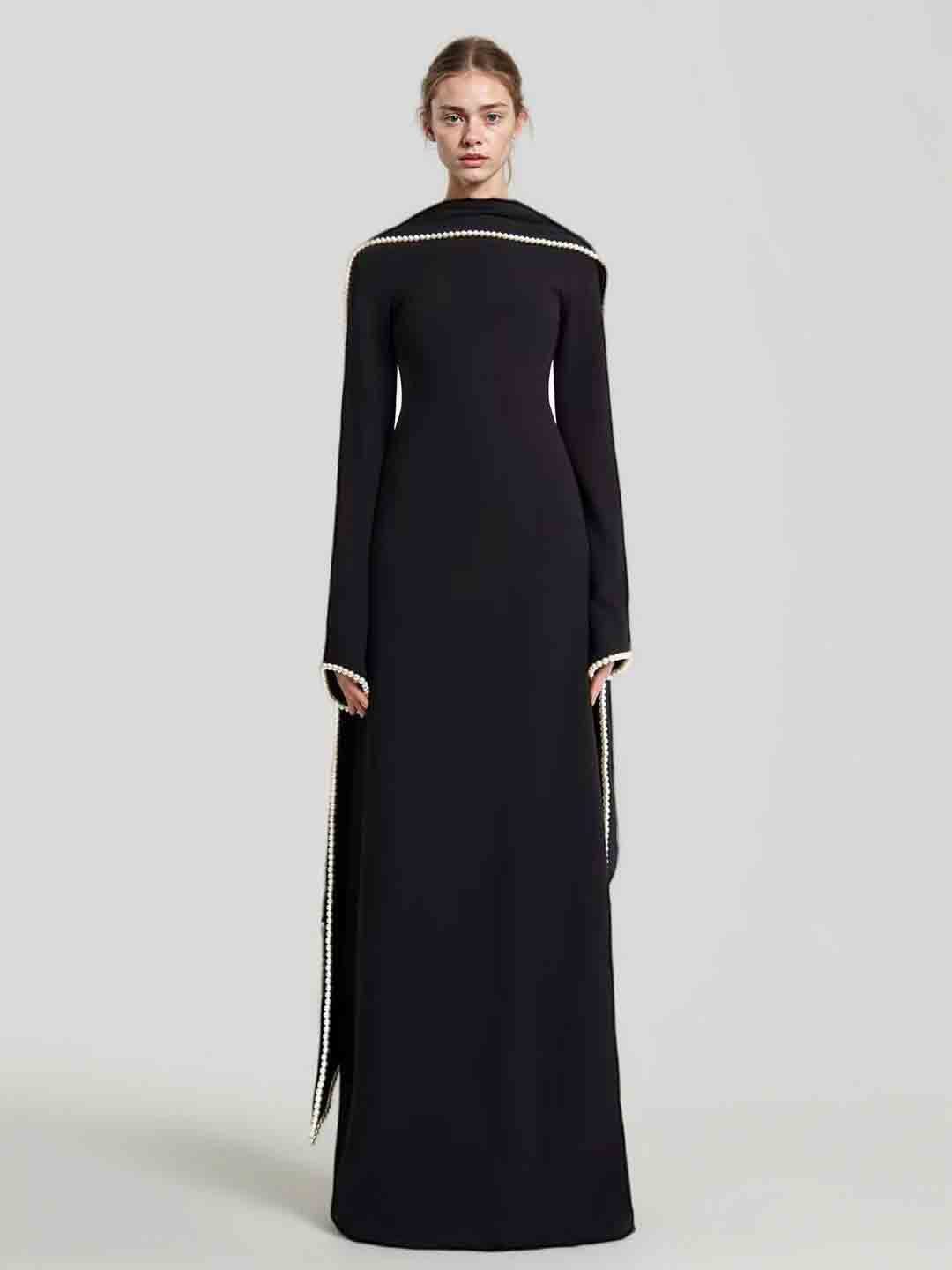 TWOTWINSTYLE Patchwork Pearls Solid Cape Long Dress