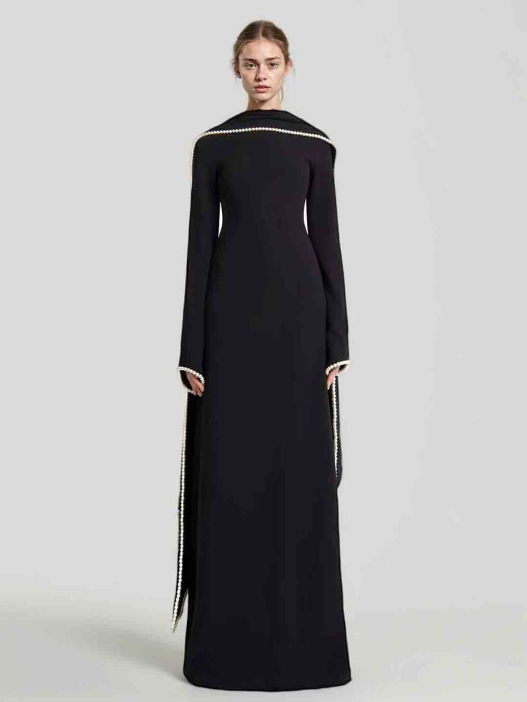 TWOTWINSTYLE Patchwork Pearls Solid Cape Long Dress