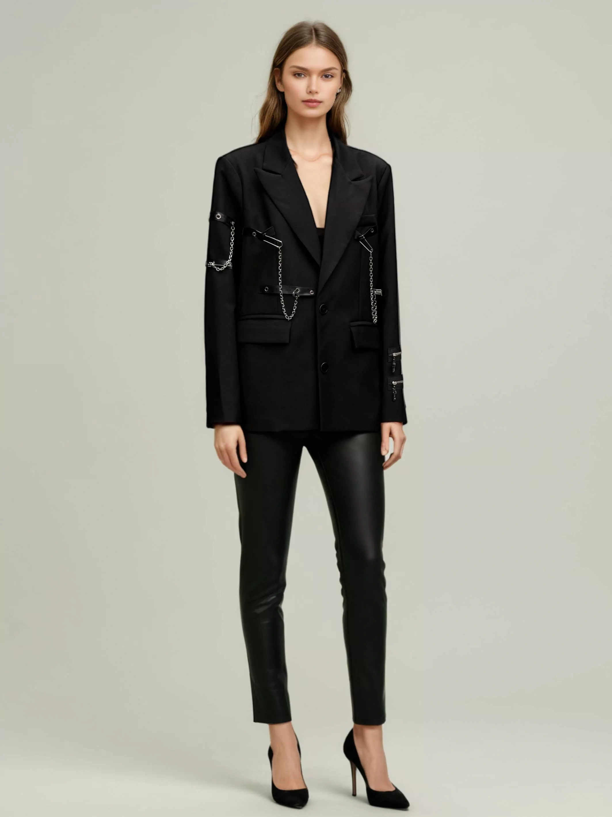 TWOTWINSTYLE Lapel V-neck Solid Patchwork Chain Jacket