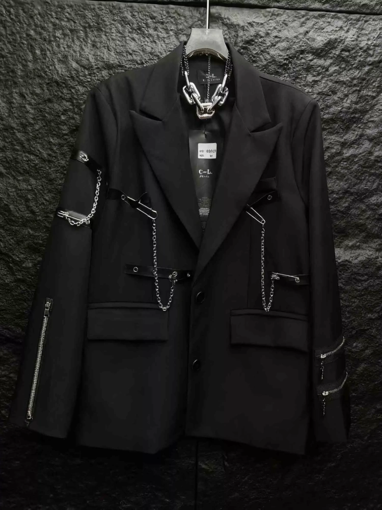TWOTWINSTYLE Lapel V-neck Solid Patchwork Chain Jacket
