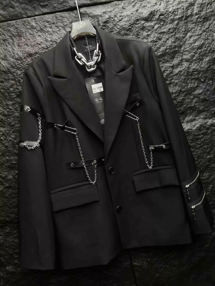TWOTWINSTYLE Lapel V-neck Solid Patchwork Chain Jacket