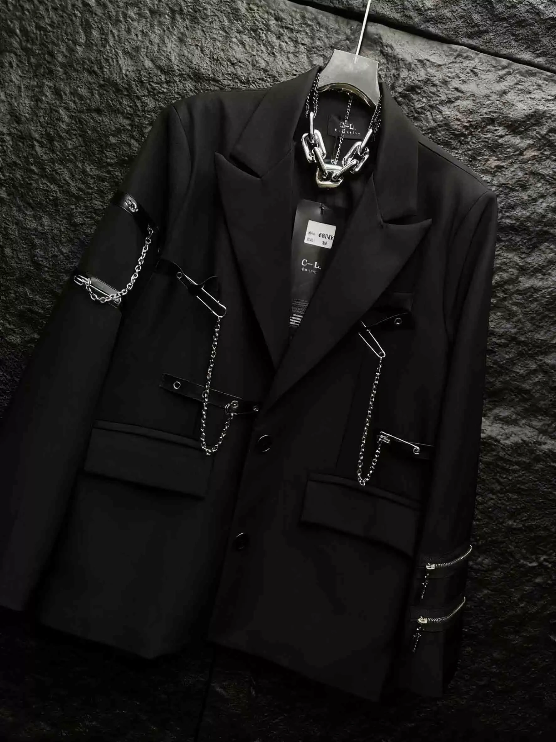 TWOTWINSTYLE Lapel V-neck Solid Patchwork Chain Jacket