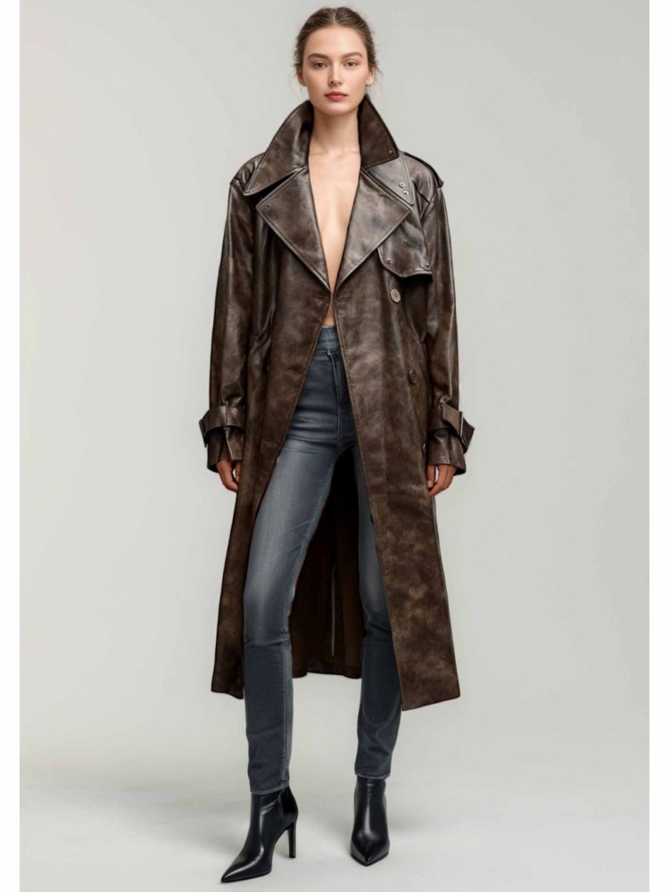 TWOTWINSTYLE PU Leather Solid V-neck Lapel Jacket