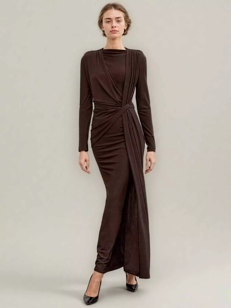 TWOTWINSTYLE Solid Ruched Long Sleeve Elegant Long Dress
