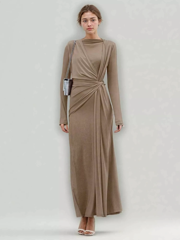 TWOTWINSTYLE Solid Ruched Long Sleeve Elegant Long Dress